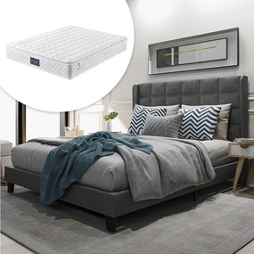 Łóżko dla dorosłych 140x200 cm - Łóżko małżeńskie z zagłówkiem tapicerowanym - len szary - materac w komplecie