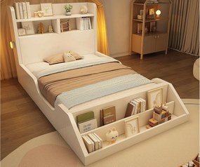 Łóżko dziecięce 90x200cm - z demontowalną biblioteczką - zagłówek z półką - z lampką nocną - Biały​ (materac nie jest wliczony w cenę)