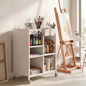 HOMCOM Regał na książki na kółkach, 4-poziomowy, regulowane półki i wiszące kosze do salonu i biura, biały | Aosom PL