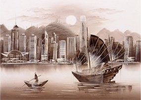 Obraz na szkle - Victoria Harbor, Hongkong, efekt sepii (70x50 cm)