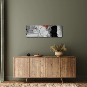 Obraz - Zakochana para pod parasolem, czerwony (z zegarem) (90x30 cm)