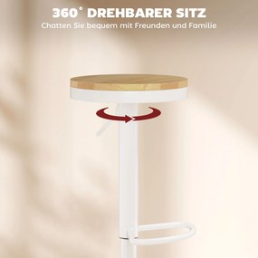HOMCOM Stołki barowe 2 szt., regulowane, obrotowe 360° z ramą stalową i podnóżkiem 38,5x38,5x60-80 cm Drewno naturalne+Biały | Aosom PL