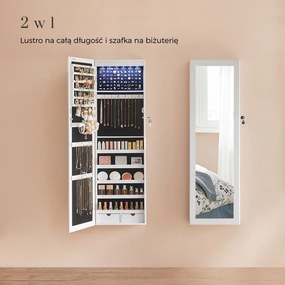 Ścienna szkatułka na biżuterię z lustrem JEWELIA z oświetleniem LED, 10x37x120 cm, biała SongmicsHome