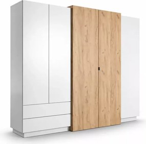 Szafa Volio 230 cm – nowoczesna szafa uchylna z lustrem, 5-drzwiowa z 2 szufladami – biały mat / dąb craft złoty