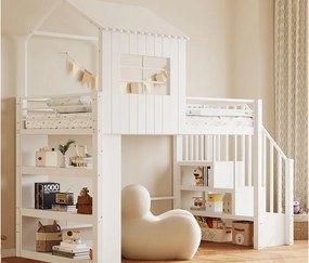 Łóżko na antresoli 90x200 cm - z barierkami bezpieczeństwa - z półkami do przechowywania - z drabiną bezpieczeństwa - biały​ (materac nie jest wliczony w cenę)