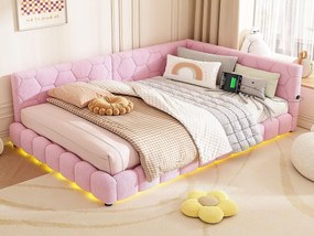 Łóżko banquette 140x200cm z weluru - z LED i portem USB - Różowe