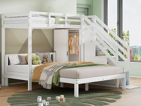 Łóżko piętrowe dla dzieci 90x200 cm + 140x200 cm - z szafą i schodami do przechowywania - z litego drewna i MDF - Białe