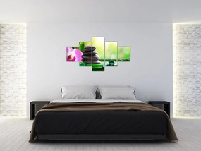Obraz kamieni do masażu i storczyków na wodzie (125x70 cm)