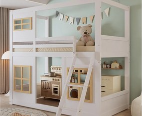 Łóżko piętrowe 90×200 cm - z oknami i barierkami - z drabiną 3-stopniową - Drewno lite + MDF - białe (bez materaca)