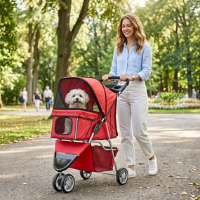 PawHut Wózek dla psa składany, buggy z koszem, poduszką, oknami z siatki, uchwytem na napój dla małych psów do 10 kg, czerwony | Aosom PL