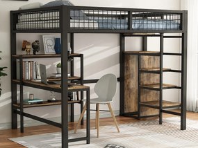 Łóżko piętrowe 140 x 200 cm z biurkiem, półkami i szafą - Metal + MDF - Stelaż listwowy - czarny + brązowy
