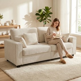 HOMCOM Beżowa Sofa 3-osobowa z Tkaniną o Strukturze Weluru, Głębokim Siedziskiem, Poduszkami z Pianki, Szerokimi Podłokietnikami i 4 Poduszkami | Aosom PL