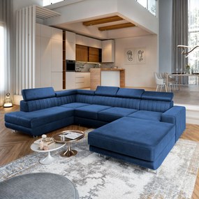 Masseno Narożnik SIENA z funkcją spania i pojemnikiem na pościel Narozniki U, Rozkładana sofa - Niebieski, MONOLITH 77
