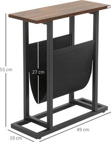 HOMCOM Stolik pomocniczy, stolik nocny, smukła konstrukcja, z kieszenią na materiały, stal, ciemnobrązowy+czarny, 49 x 19 x 55 cm