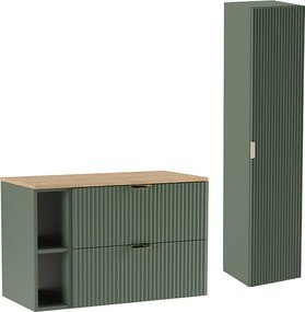 Zielony Zestaw Łazienkowy 100cm Szafka Blat Orzech Regał Słupek Ryflowane Fronty