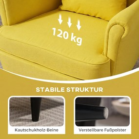 HOMCOM Fotel uszak z podnóżkiem, fotel tapicerowany z nogami z drewna kauczukowego, obicie materiałowe, żółty | Aosom PL