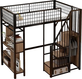 Łóżko piętrowe metalowe dla dzieci - 90 x 200 cm - z szafą + półki + schody - drewno + metal - czarne
