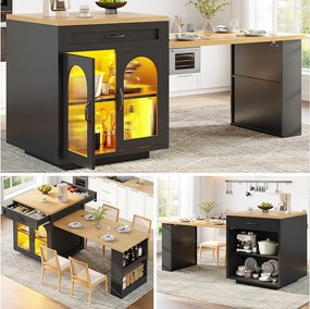 Rozkładana wyspa kuchenna - 126-196 x 59 x 94 cm - z diodami LED + 2 szuflady + półki + drzwi szklane - MDF - czarna