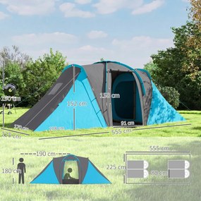 Outsunny Namiot tunelowy, wodoodporny 2000 mm, namiot kempingowy dla 4-6 osób z 2 sypialniami i torbą transportową, szaro-niebieski | Aosom PL