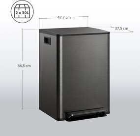 HOMCOM Kosz na śmieci z 2x30L komorami, pokrywa Soft-Close, odporny na odciski, stal nierdzewna, czarny | Aosom PL