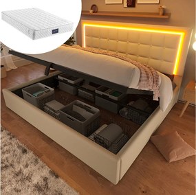 Łóżko tapicerowane z pojemnikiem na pościel, 160 x 200 cm, z dnem z listew + oświetlenie LED + hydrauliczny schowek - PU - białe (materac w zestawie)
