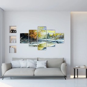 Obraz zimowej rzeki, obraz olejny (125x70 cm)