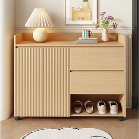 Mobilna szafka na buty w kolorze naturalnym z kółkami, 2 drzwiami i 2 szufladami