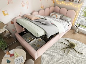 Łóżko z kanapą z miejscem do przechowywania - materiał aksamitny - 90x190 cm - z stelażem na listwy - Różowy