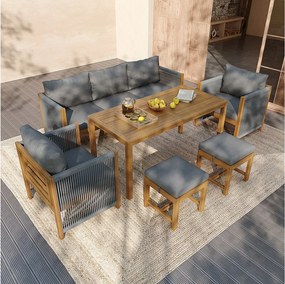 Zestaw mebli ogrodowych do jadalni dla 7 osób, sofa, 2 sofy jednoosobowe, 2 stołki, stół jadalny, blaty z akacji, stal ocynkowana, szary