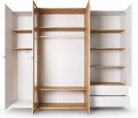 Szafa Volio 230 cm – nowoczesna szafa uchylna z lustrem, 5-drzwiowa z 2 szufladami – biały mat / dąb craft złoty