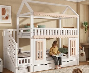 Łóżko piętrowe dla dzieci 90x200 cm - z drabinką ze schowkiem - z 2 szufladami - z oknami - drewno lite + MDF - biały + naturalny (bez materaca)