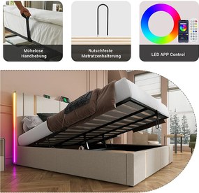 Łóżko z pojemnikiem 180 x 200 cm i zagłówkiem - Gniazda USB i typu C - Diody LED - Tkanina lniana - Beżowe (bez materaca)