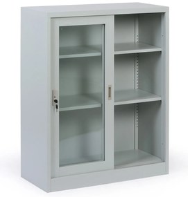 Metalowa szafka z półkami i szklanymi przesuwanymi drzwiami, zdemontowana, 900 x 1150 x 400 mm