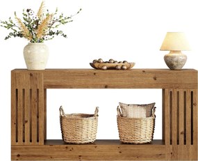 Stolik kawowy z litego drewna 160 cm, konsola w stylu rustykalnym za kanapą z nogami w pionowe paski, 2-poziomowy