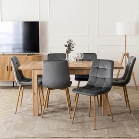 Zestaw Stół Prostokątny Rozkładany SKUBI 120-160 cm Dąb Artisan i 6 Krzeseł Tapicerowanych do Jadalni FREDY Szarych Welurowych