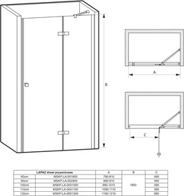 Drzwi prysznicowe uchylne 120 cm, szkło transparentne profile chromowane LAPAZ