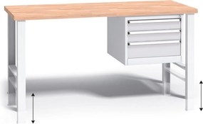 Stół warsztatowy z regulacją wysokości G3, 1500 x 685 x 840-1050 mm, 1x 3 szufladowy kontener, szary