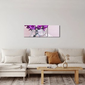Obraz fioletowych kwiatów (z zegarem) (90x30 cm)