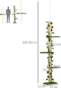 PawHut Regulowany Drapak 202-242 cm, Antypoślizgowy, Słupy z Juty, Płyta Wiórowa, Zielony/Żółty