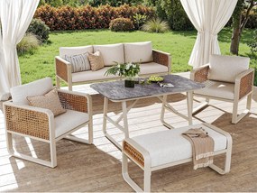 Salon ogrodowy, zestaw mebli z rattanu PE na 6-7 osób - Kanapa 3-osobowa - z żelaza ocynkowanego - 2 fotele - stół w stylu marmuru, Beżowy