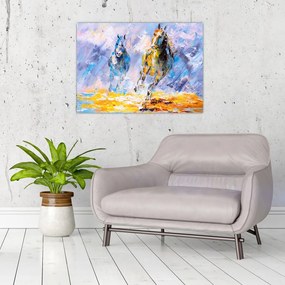Obraz na szkle biegnących koni, obraz olejny (70x50 cm)
