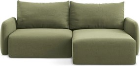 Zielony aksamitny rozkładany narożnik ze schowkiem (prawostronny/z szezlongiem) Kalena – Makamii