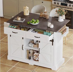 Wyspa kuchenna na kółkach - 120 x 45/70 x 91 cm - z blatem składanym + 2 drzwi przesuwnych + 2 szuflady - MDF - biała