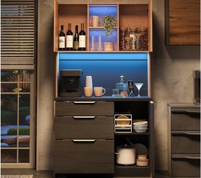 Nowoczesny kredens kuchenny 100x40x180cm - z gniazdkiem i LED - z 3 szufladami i 3 drzwiami - Naturalny + Czarny