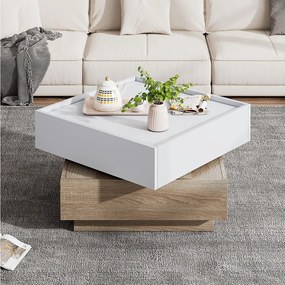 Stolik kawowy kwadratowy z obrotowym blatem 360° - 60 x 60 x 38 cm - Płyta wiórowa - Biały + Orzech naturalny