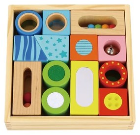 Tooky toy drewniane pudełko klocki sensoryczne układanka multifunkcyjna kształty dźwięk dotyk 12 el.