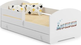 Łóżko dziecięce pojedyncze 140x70 cm białe z szufladą, demontowalną barierką zabezpieczającą, stelażem i materacem w zestawie