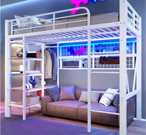 Łóżko na antresoli 90x200 cm - Konstrukcja stalowa - z przegródkami do przechowywania - z oświetleniem LED - Biały (materac nie jest wliczony w cenę)