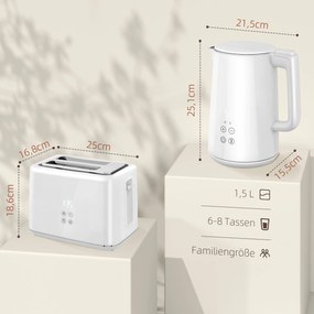 HOMCOM Zestaw kuchenny z czajnikiem i tosterem, 7 poziomów opiekania, szybkie gotowanie, Stal Nierdzewna, Plastik, Biały