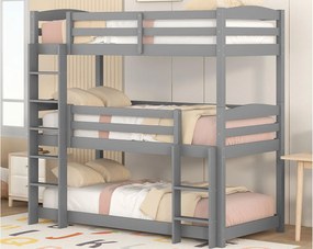 Łóżko piętrowe potrójne z drabiną i barierką ochronną - 90x200cm - drewno lite - Szary